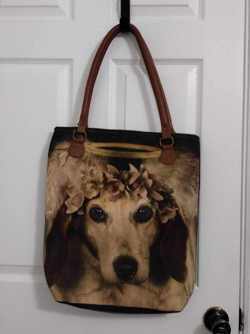 Regina Andrew Detroit Canvas Large Tote Bag Dog Angel Graphic Brown  Straps - Picture 3 of 8